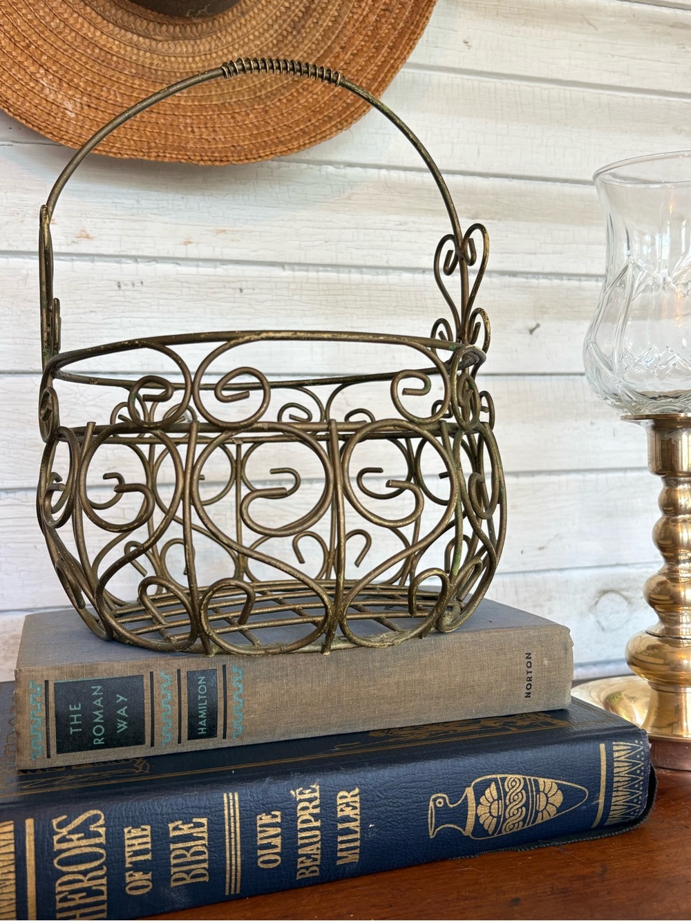 Vintage Gold Metal Scroll Basket Made in Philippines